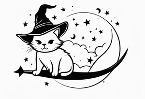 a chibi cat with a witch hat sitting on a broom. On the background there are clouds and a crescent moon. Minimalist black and white line art. tattoo idea