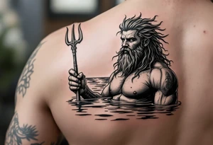 young, fit poseidon in calm water, holding a trident, holding a beer, looking at the horizon tattoo idea