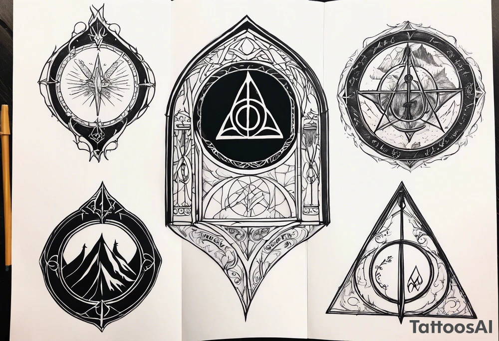 Lord of the rings and Harry Potter movie mashup. Small and simple. Not too much artistic detail. Hobbit door hole, wands, elvish writing, deathly hallows tattoo idea