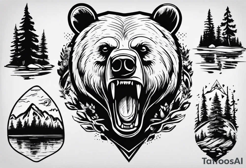 bear head, forest, lake, appalachia, arm sleeve tattoo tattoo idea