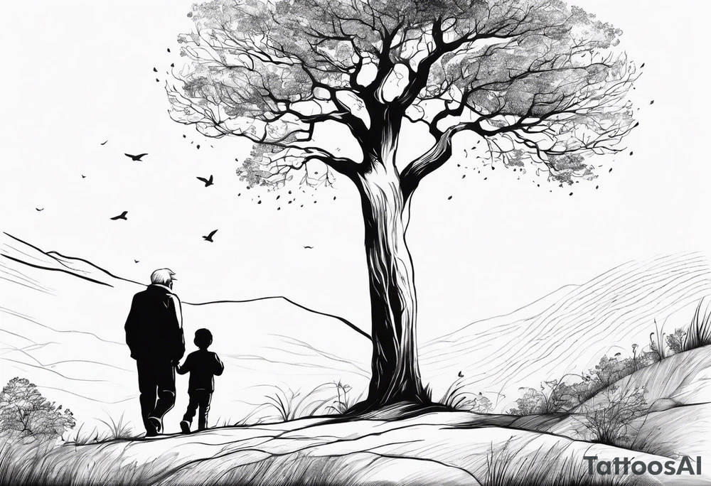 A tree, underneath the tree place an old man and his adult son into distance, same side of tree tattoo idea