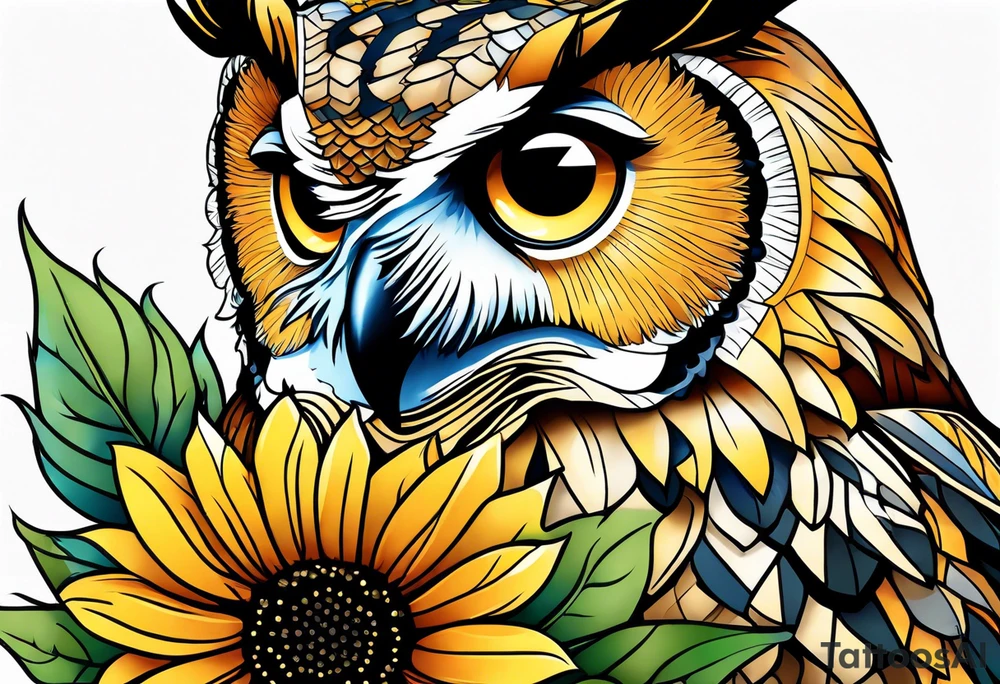 Owl and sunflower sleeve tattoo idea