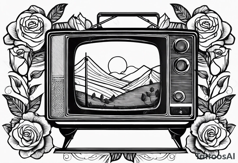 Fine line simple Retro TV with roses tattoo idea