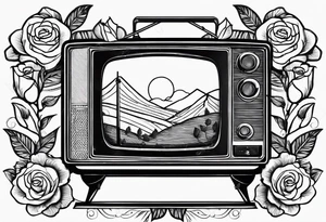 Fine line simple Retro TV with roses tattoo idea