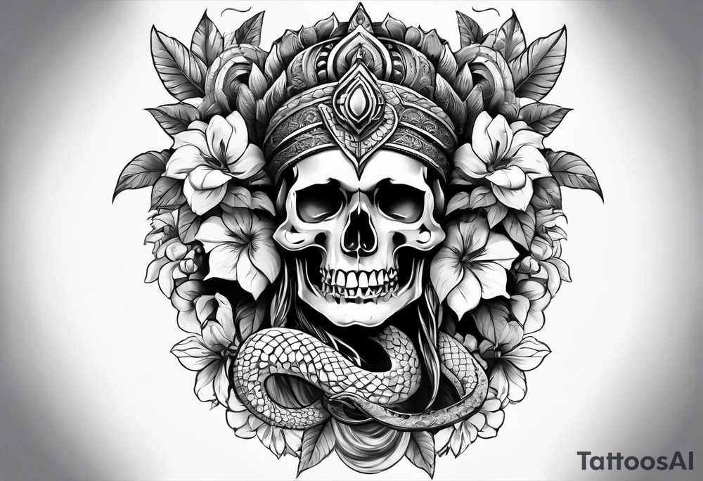 5. A combination of skulls and flowers on the upper arm, with Mahadev's face on the forearm, and a serpent or snake (representing rebirth) wrapping around the arm. tattoo idea