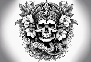 5. A combination of skulls and flowers on the upper arm, with Mahadev's face on the forearm, and a serpent or snake (representing rebirth) wrapping around the arm. tattoo idea