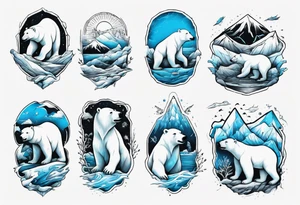 arm tattoo of weather and a little muscular polar bear and ice berg and some nature make colors primary black and white with a little blue tattoo idea