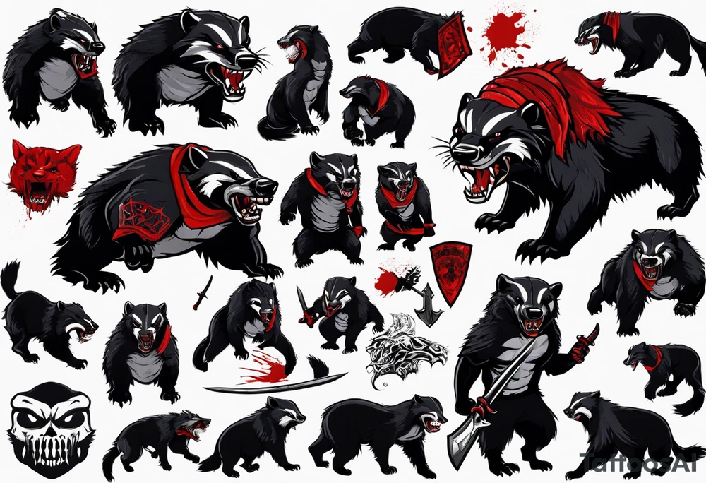 Draw me psychopath Honey Badger/Berserker with aggressive full body, killer face with a scary smile, very long nails and he attacks like a Bloody Assassin/Warrior/Gladiator to us and also, he has very deadly looking. He fights with his nails. Everybody scares after their first sight. Give me horror type Badger Tattoo. I want to see his Realistic full body with no weapons. tattoo idea