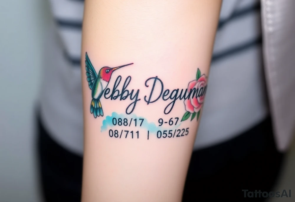 Tattoo of the name Debby Deguzman in chunky bold curly cursive with the exact dates of 08/17/61-05/29/25 surrounded by a hummingbird and a rose tattoo idea