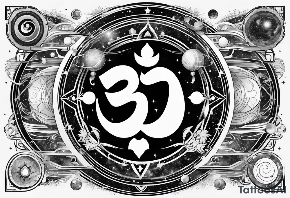 engineering and nature revolving around solar system with OM symbol in the center tattoo idea