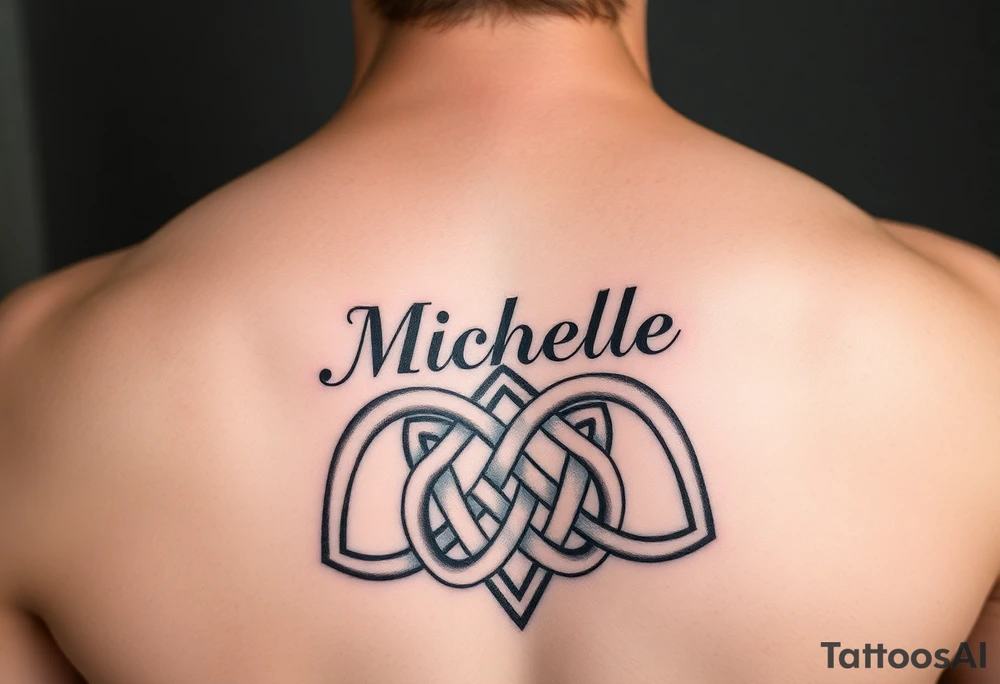 Create a tattoo on a man’s chest if a woman’s name Michelle. Irish or Celtic theme knot tattoo idea