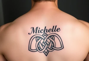 Create a tattoo on a man’s chest if a woman’s name Michelle. Irish or Celtic theme knot tattoo idea
