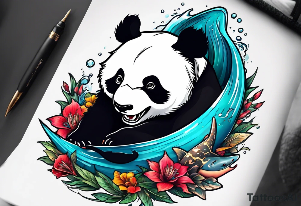 panda riding a shark tattoo idea