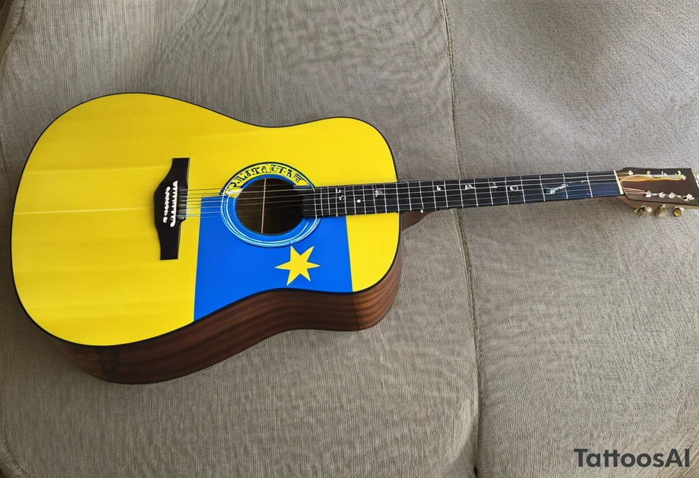 acoustic guitar with cut diagonally with one side with the flag of curacao, the other with some raggae colors. on the outside of the guitar, the side with the curacao flag to adorned with some becah or sea creature theme, like a sea turtle. The side with the raggae to have some music notes flowing out tattoo idea