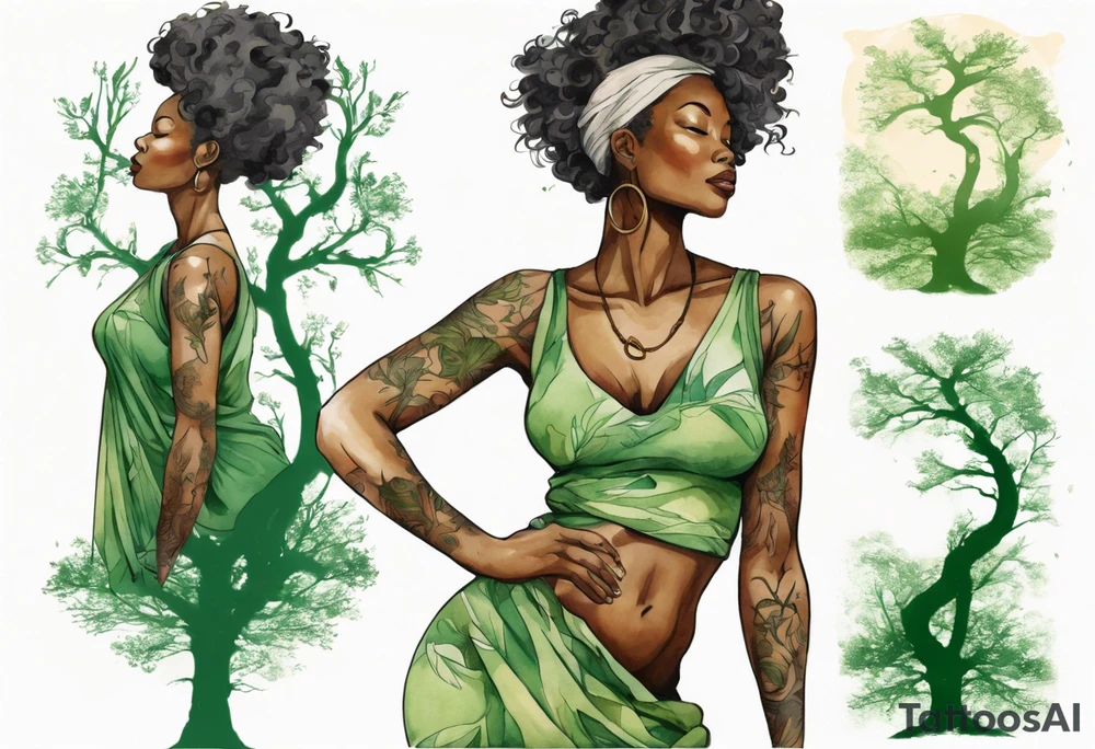 a tree trunk with roots that is a beautiful black woman from the waist up, arms reaching up to the sun, wearing a green tunic tattoo idea