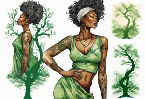 a tree trunk with roots that is a beautiful black woman from the waist up, arms reaching up to the sun, wearing a green tunic tattoo idea