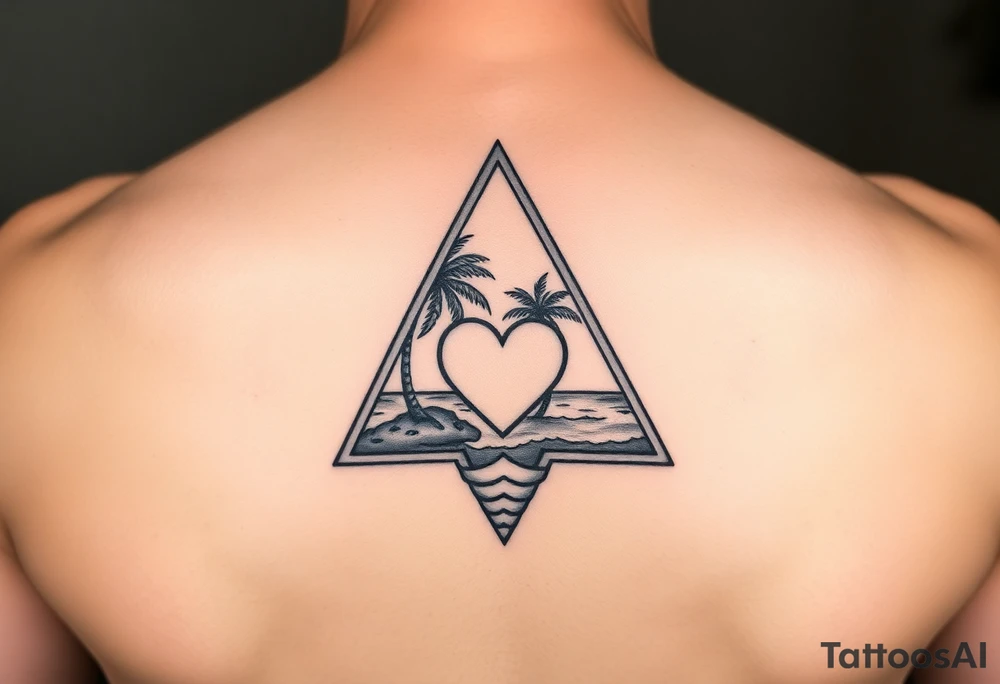 A triangle with a heart in the center and a ocean with palm trees in background tattoo idea