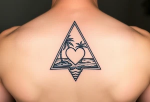 A triangle with a heart in the center and a ocean with palm trees in background tattoo idea