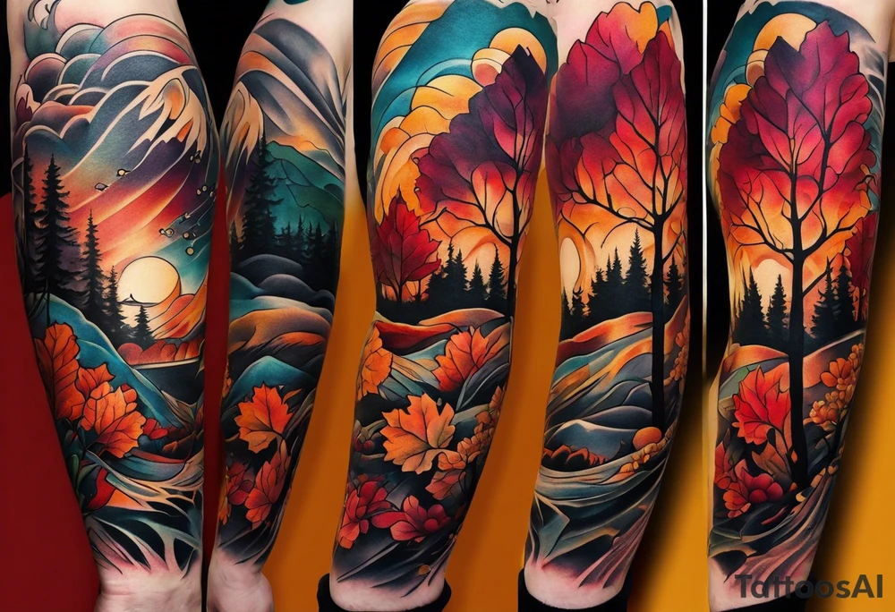 Arm Sleeve Tattoo with fall colors,  flattened tattoo idea
