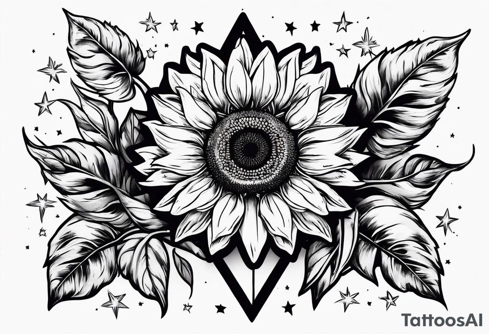sunflower surrounded with little stars, tree and arrow tattoo idea