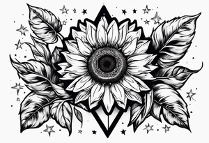 sunflower surrounded with little stars, tree and arrow tattoo idea