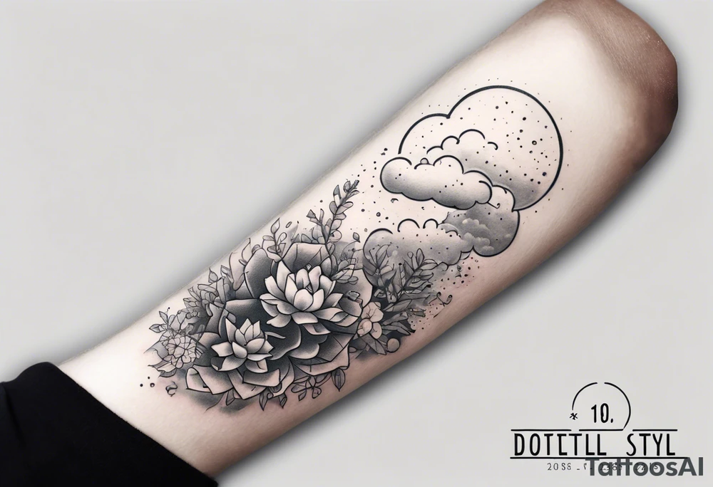 a forearm tattoo with a cloud with little plants and underneath it the date 12.08.05 tattoo idea