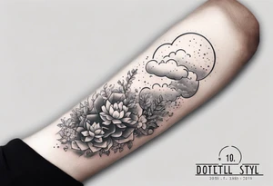 a forearm tattoo with a cloud with little plants and underneath it the date 12.08.05 tattoo idea