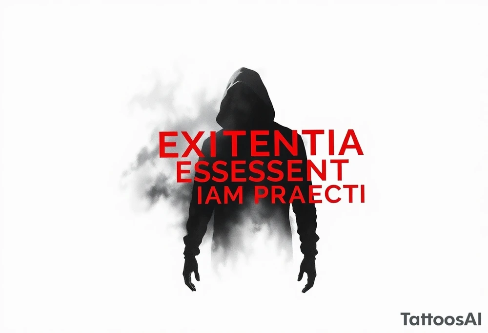 Create a blackwork tattoo design featuring a hazy, diffused human silhouette that appears to be emerging through a veil. Use shades of black and gray to suggest smoke or fog. Partially overlay the red text ‘EXISTENTIA ESSENTIAM PRAECEDIT’ onto the silhouette, making the letters partially covered by the figure. The overall mood should be minimalistic, mysterious, and conceptual, representing the existential notion that existence precedes essence.Create a blackwork tattoo design featuring a hazy, diffused human silhouette that appears to be emerging through a veil. Use shades of black and gray to suggest smoke or fog. Partially overlay the red text ‘EXISTENTIA ESSENTIAM PRAECEDIT’ onto the silhouette, making the letters partially covered by the figure. The overall mood should be minimalistic, mysterious, and conceptual, representing the existential notion that existence precedes essence. tattoo idea