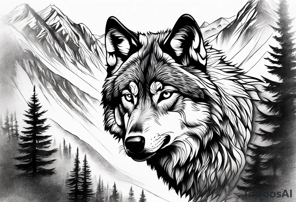 Mountains, wolf eyes underneath tattoo idea