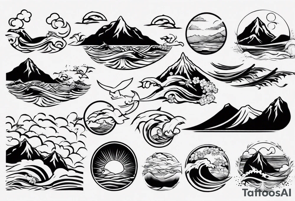 mountains, beach, waves, sun tattoo idea