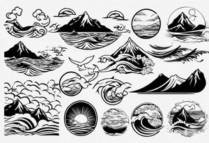 mountains, beach, waves, sun tattoo idea