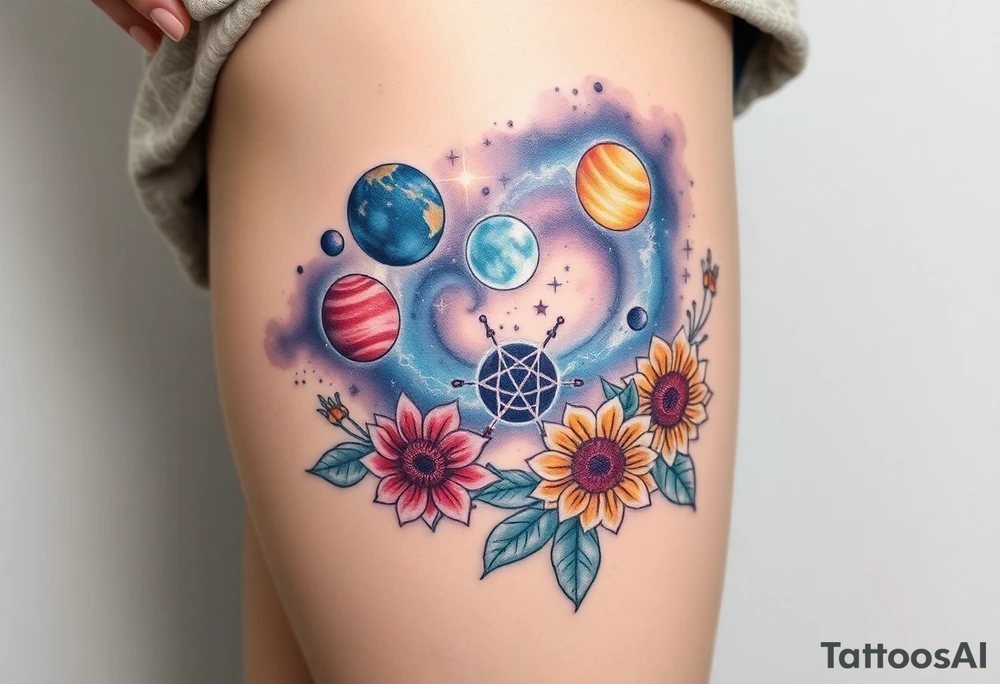 Milky way galaxy with planets with zodiac symbols and protection runes in it with tigerlillies roses and sunflowers tattoo idea