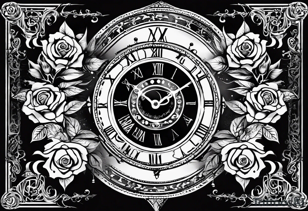 I want a design for printing on t-shirts, the design is an hourglass with a hand clock in the middle with Amazigh numbers, and these two main elements are mixed with thorny roses and planets tattoo idea