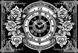 I want a design for printing on t-shirts, the design is an hourglass with a hand clock in the middle with Amazigh numbers, and these two main elements are mixed with thorny roses and planets tattoo idea