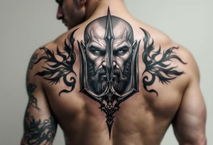 close-up muscular man behind a trident
no beard tattoo idea