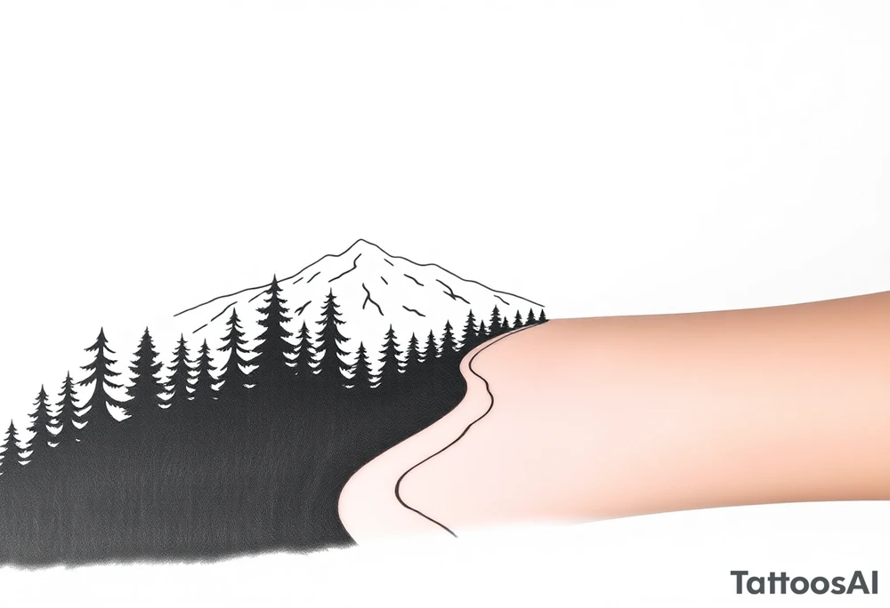 A minimalist design with a narrow path cutting through a dense forest, leading toward snow-capped mountains in the distance. The contrast between the dark woods (from Exile) and the snow-covered mountains (from Out of the Woods) shows the transition from hardship to hope. The path could be subtly winding, suggesting that the way forward is unclear, yet still leading to something more peaceful. tattoo idea