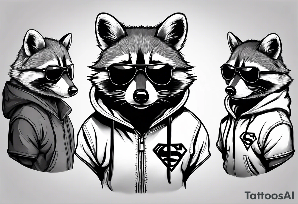 raccoon wearing a Superman hoodie tattoo idea