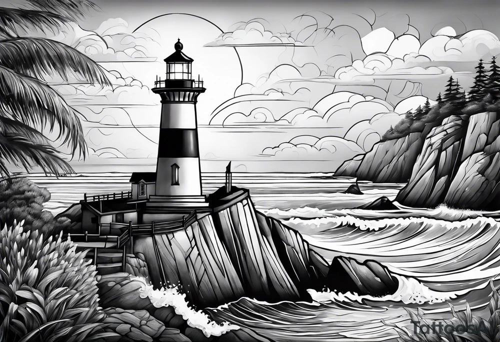 Light house with ocean view tattoo idea