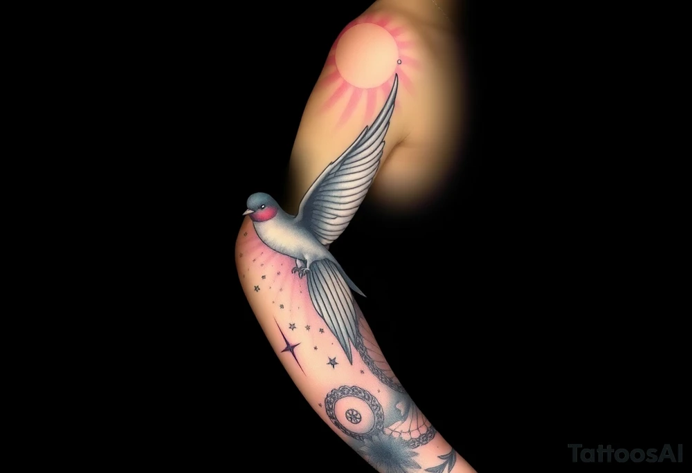 one side of the arm- the other has a swallow  flying into the night sky into a moon/sun based on the lyrics )into the night of the dark black sky” by the beatles. the rest of the tattoo sleeve is based on these two songs plus “the soft parade” by the doors tattoo idea