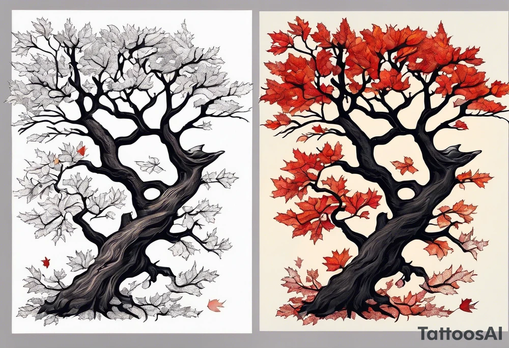 full left arm. A maple tree with red autumn leaves that branches upwards. White-throated dipper bird on the trees branches. Calluna flowers at the base of the trees stem. Tree stem has dark colors. Red/yellow sunset behind the trees stem. Leaves falling. tattoo idea