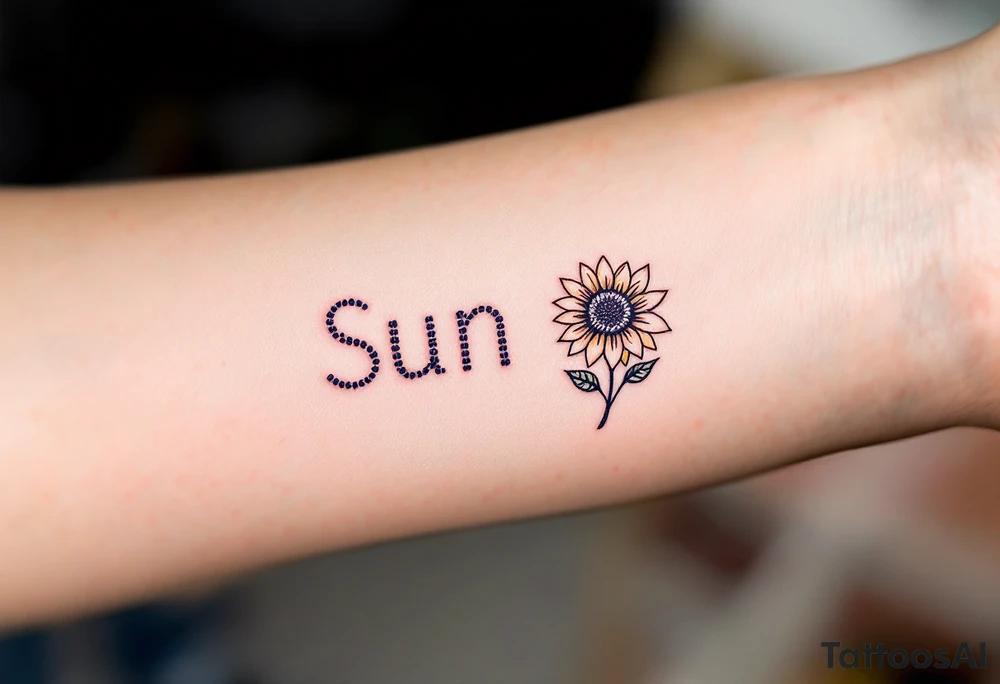 Word "Sun" written vertical with small sunflower in pink tattoo idea