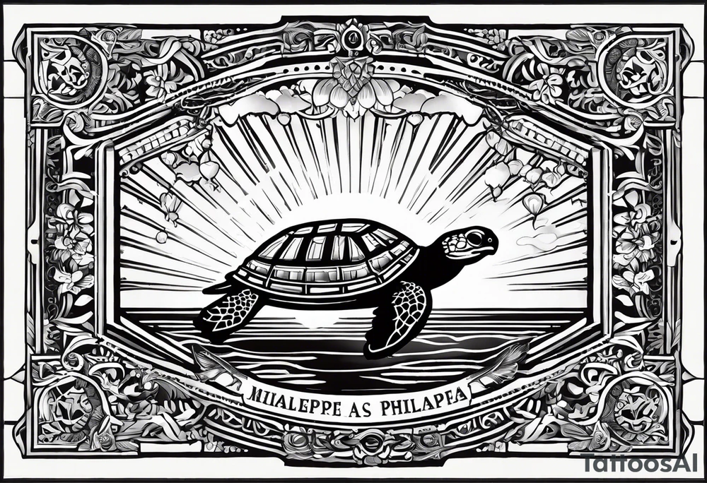 I want a tattoo resembling the Philippines. The frame of the tattoo will be the outlines of the Philippine sun (from the flag). Inside of the sun there shall be a seaturtle and a jeepney. Optionally there can be a Kubo, a buko and/or a Philippine eagle. The turtle and the jeepney may stick out of the frame. tattoo idea