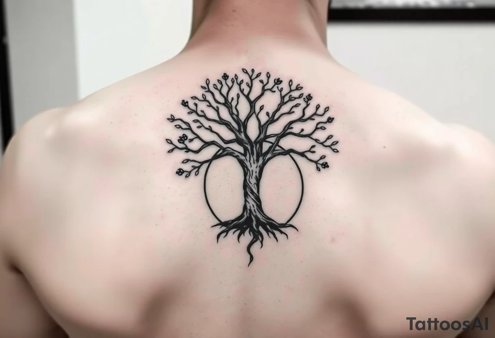 tree of life with circle. names Jai , Phoebe, Imogen, Matilda in the circle tattoo idea