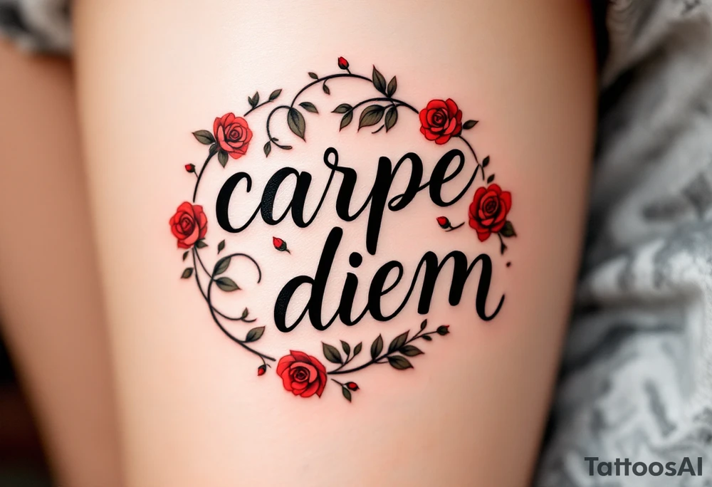 Delicate blackletter calligraphy "carpe diem" with red roses blooming around the text. tattoo idea