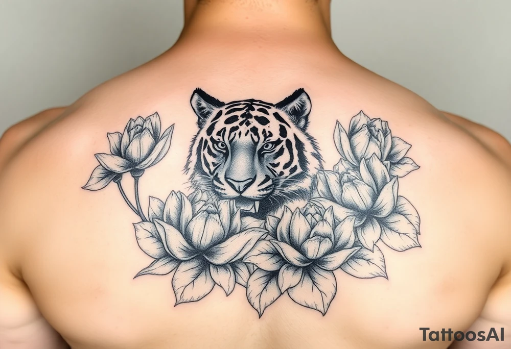 fierce tiger emerging through blooming lotus flowers in mist tattoo idea