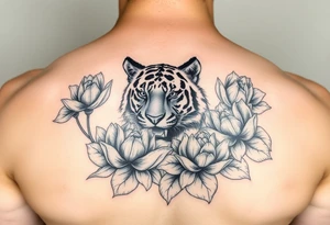fierce tiger emerging through blooming lotus flowers in mist tattoo idea