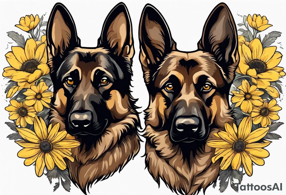 Dark Brown German shepherd portrait surrounded by yellow daisies tattoo idea