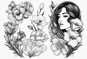 One carnation
One snow drop
One iris
One poppy
One cosmo
One narcissus
Surrounding the silohette of a woman tattoo idea