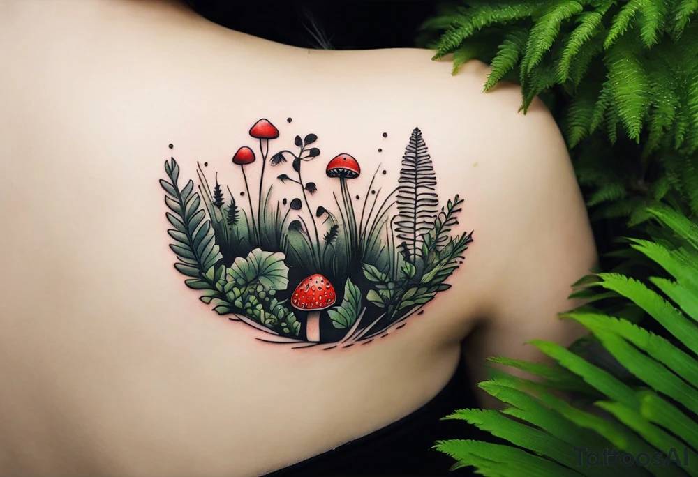 minimalistic forest floor inspired tattoo, which includes grass, curly ferns and dead leaves as the bulk of the tattoo. details to include: three  tiny strawberries, couple of very small mushrooms, a tiny bumblebee flying nearby tattoo idea