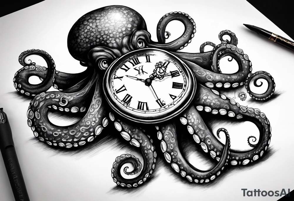 Octopus holding an old pocket watch tattoo idea